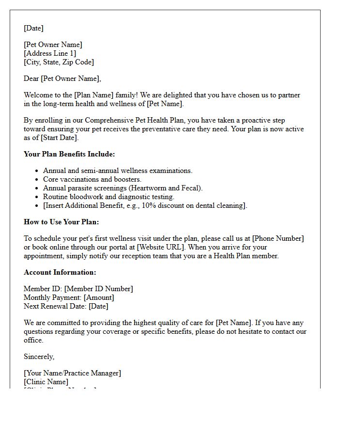 Comprehensive Pet Health Plan Welcome Letter