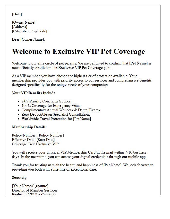 Exclusive VIP Pet Coverage Welcome Letter