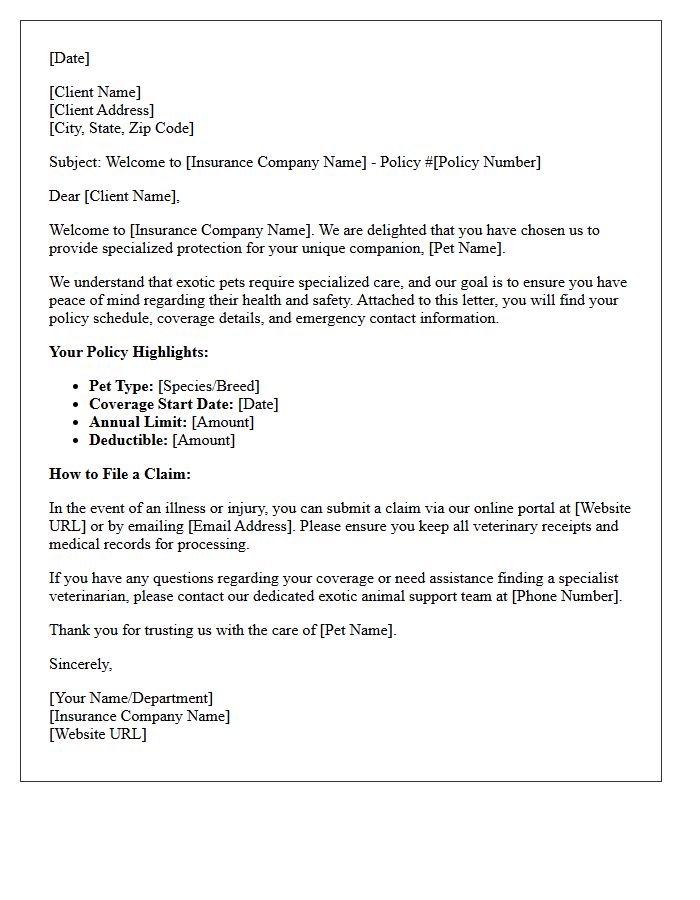 Exotic Animal Insurance Client Welcome Letter