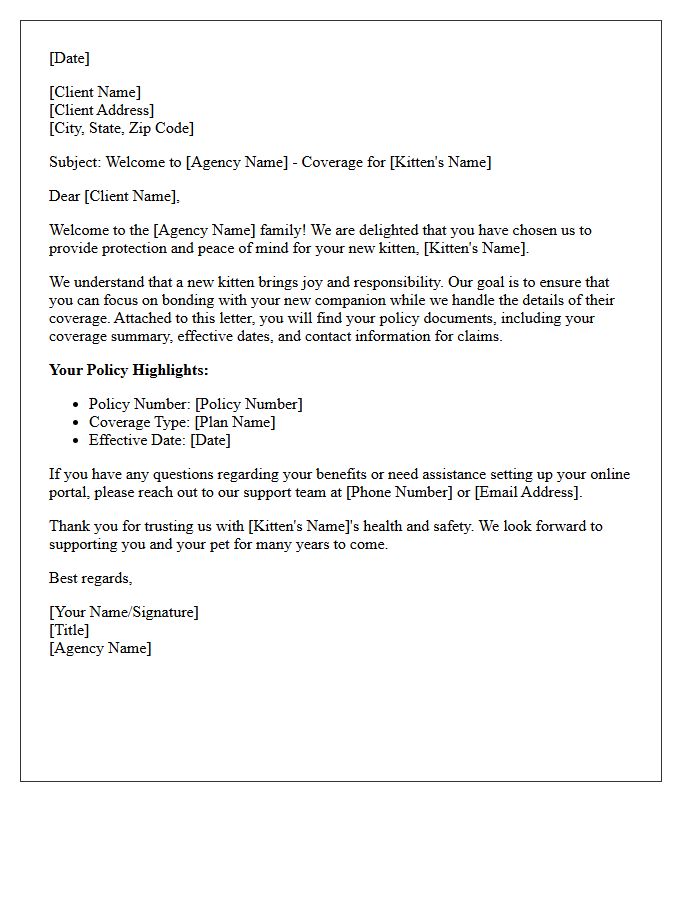 New Kitten Coverage Agency Welcome Letter