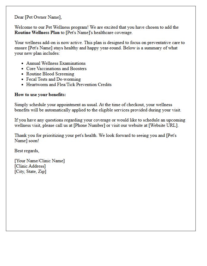 Routine Pet Wellness Add-On Welcome Letter