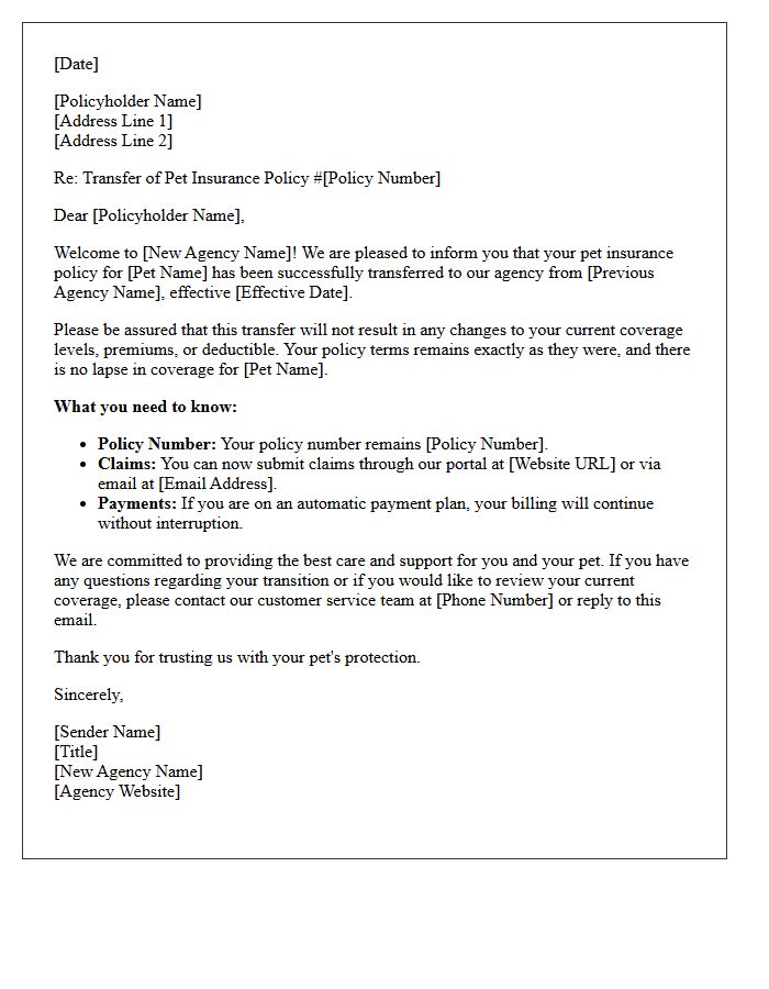 Transferred Pet Policy Agency Welcome Letter