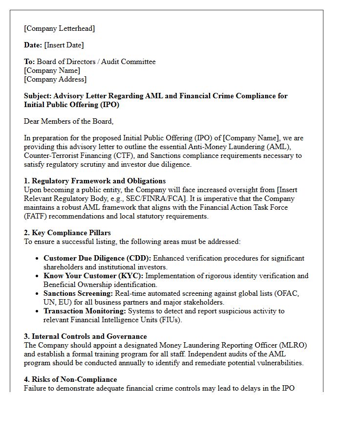 Anti-Money Laundering and Financial Crime Compliance IPO Advisory Letter