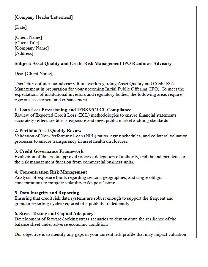 Asset Quality and Credit Risk Management IPO Readiness Advisory Letter