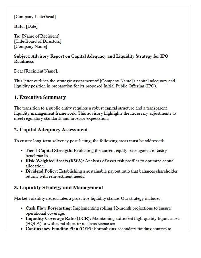 Capital Adequacy and Liquidity Strategy IPO Readiness Advisory Letter