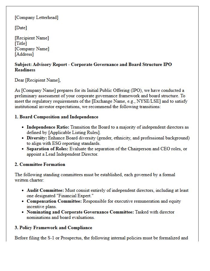 Corporate Governance and Board Structure IPO Readiness Advisory Letter