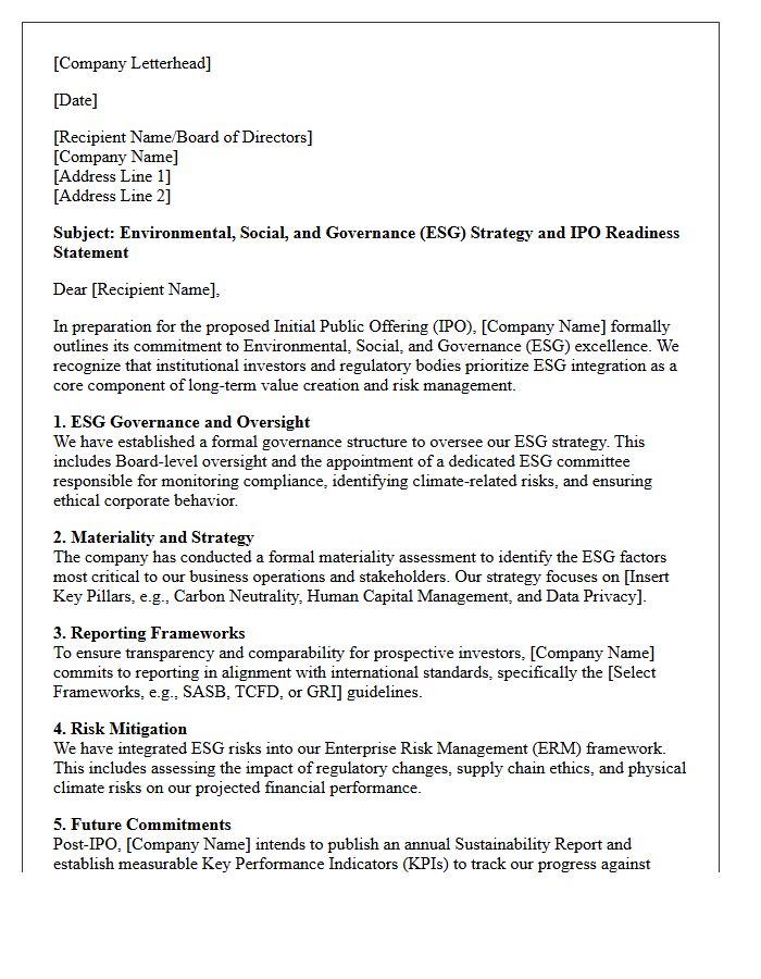 Environmental, Social, and Governance Strategy IPO Readiness Letter
