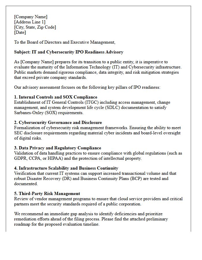 Information Technology and Cybersecurity IPO Readiness Advisory Letter