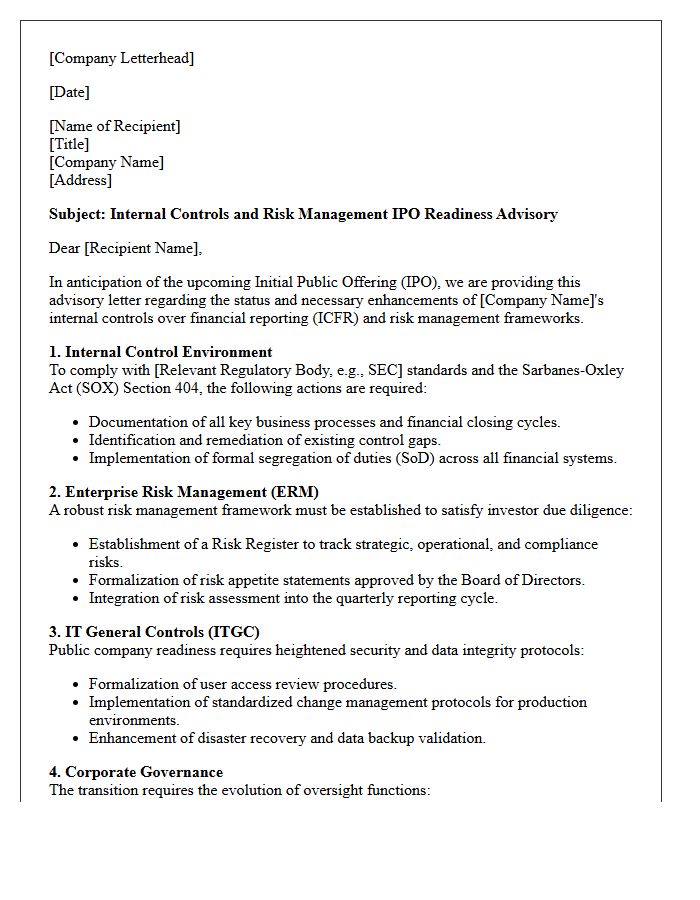 Internal Controls and Risk Management IPO Readiness Advisory Letter