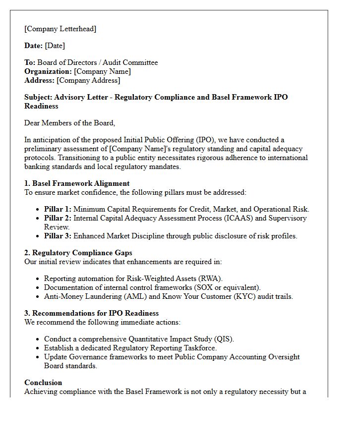 Regulatory Compliance and Basel Framework IPO Readiness Advisory Letter