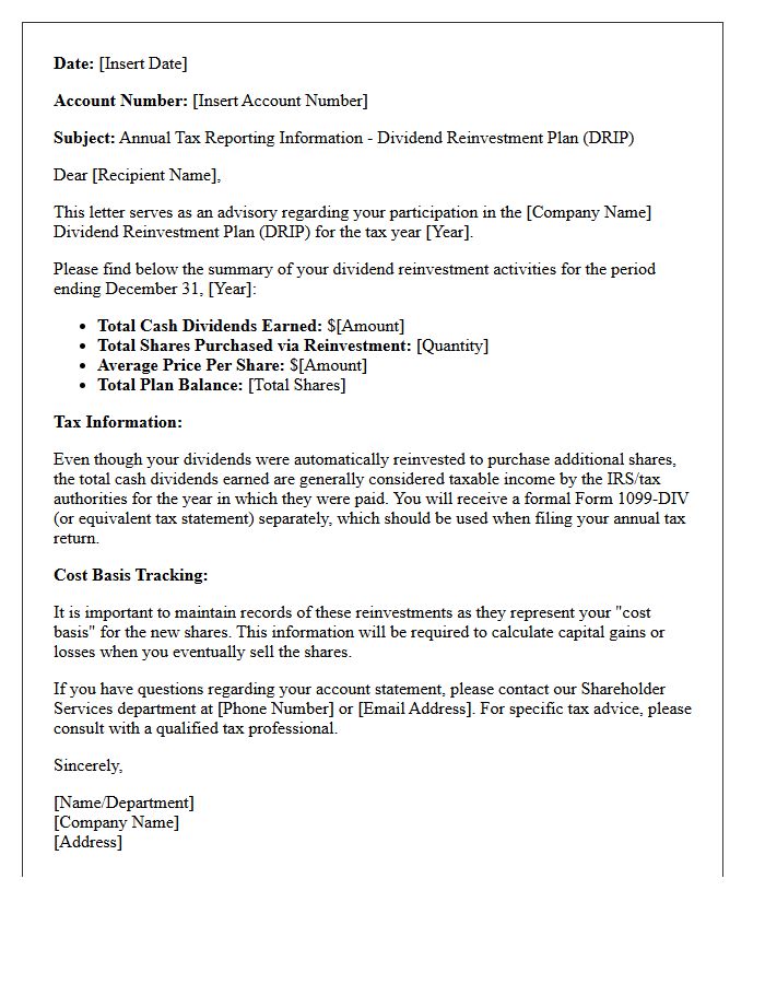 Annual Tax Reporting Dividend Reinvestment Plan Advisory Letter