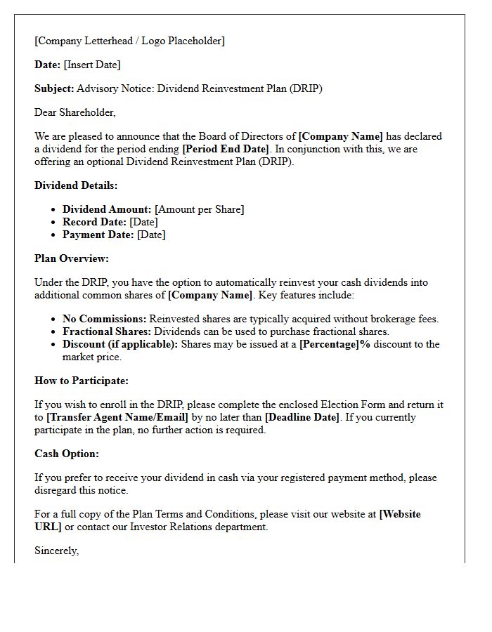 Corporate Action Dividend Reinvestment Plan Advisory Letter