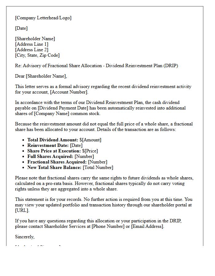 Fractional Share Allocation Dividend Reinvestment Plan Advisory Letter