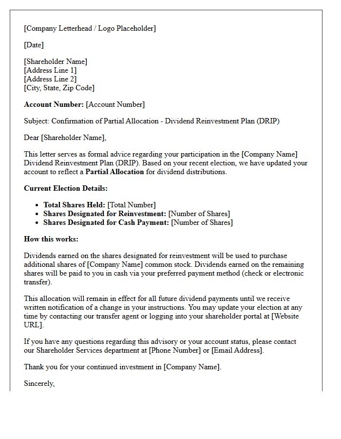 Partial Allocation Dividend Reinvestment Plan Advisory Letter