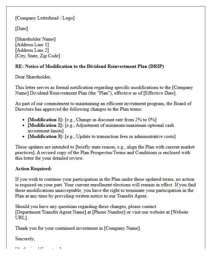 Plan Modification Dividend Reinvestment Plan Advisory Letter