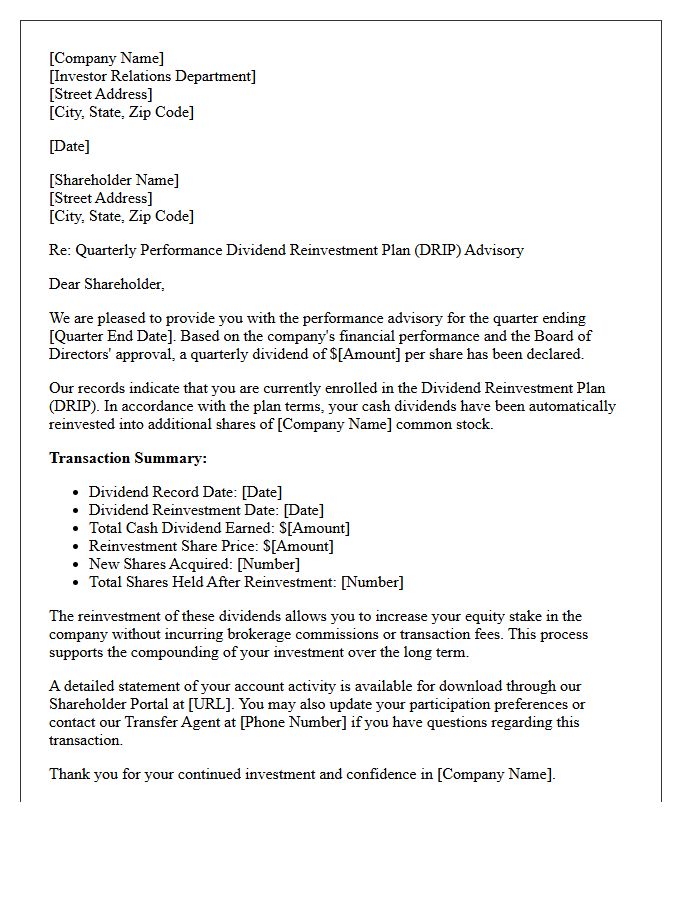 Quarterly Performance Dividend Reinvestment Plan Advisory Letter
