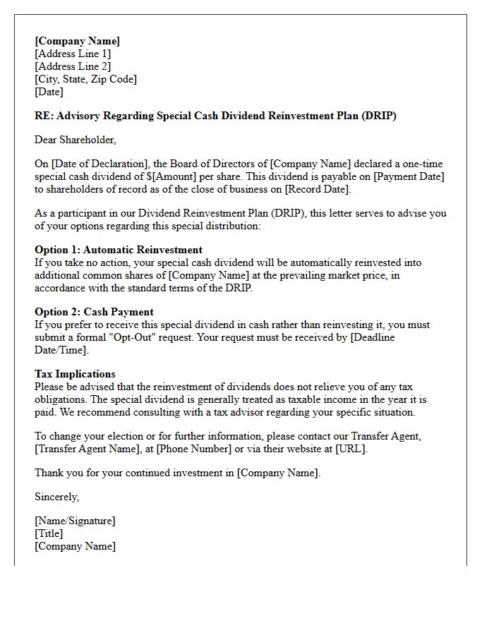 Special Cash Dividend Reinvestment Plan Advisory Letter