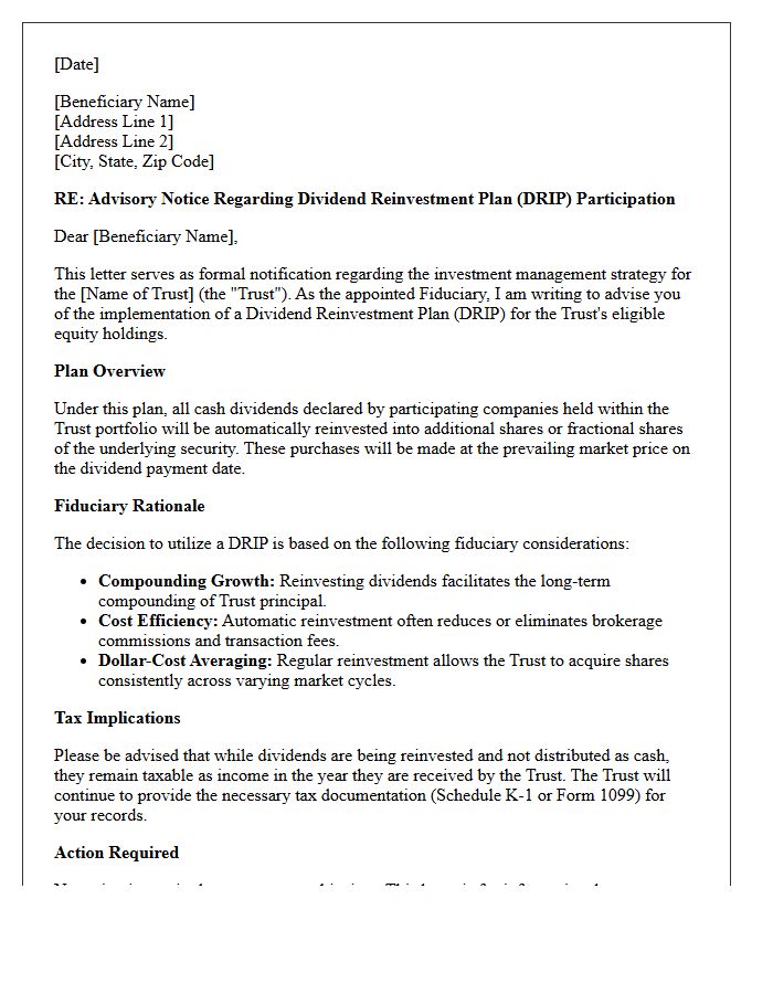 Trust Fiduciary Dividend Reinvestment Plan Advisory Letter