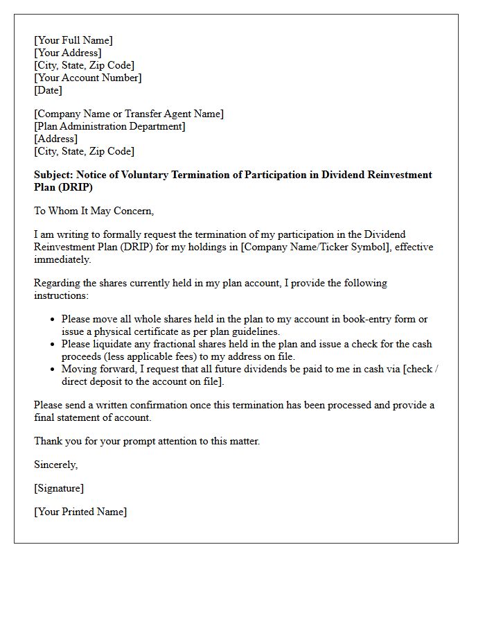 Voluntary Termination Dividend Reinvestment Plan Advisory Letter