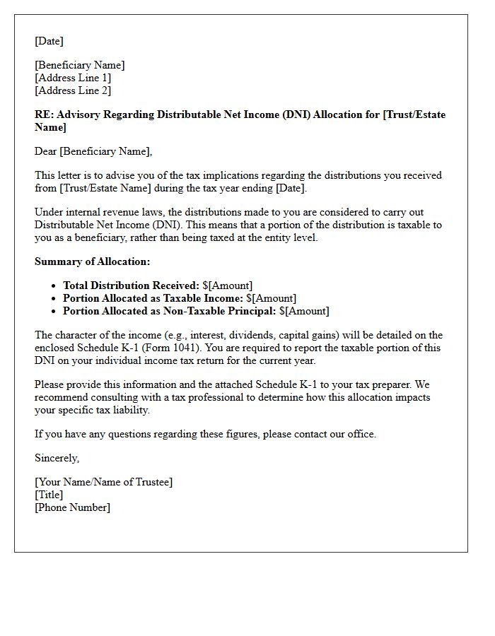 Distributable Net Income Allocation Advisory Letter