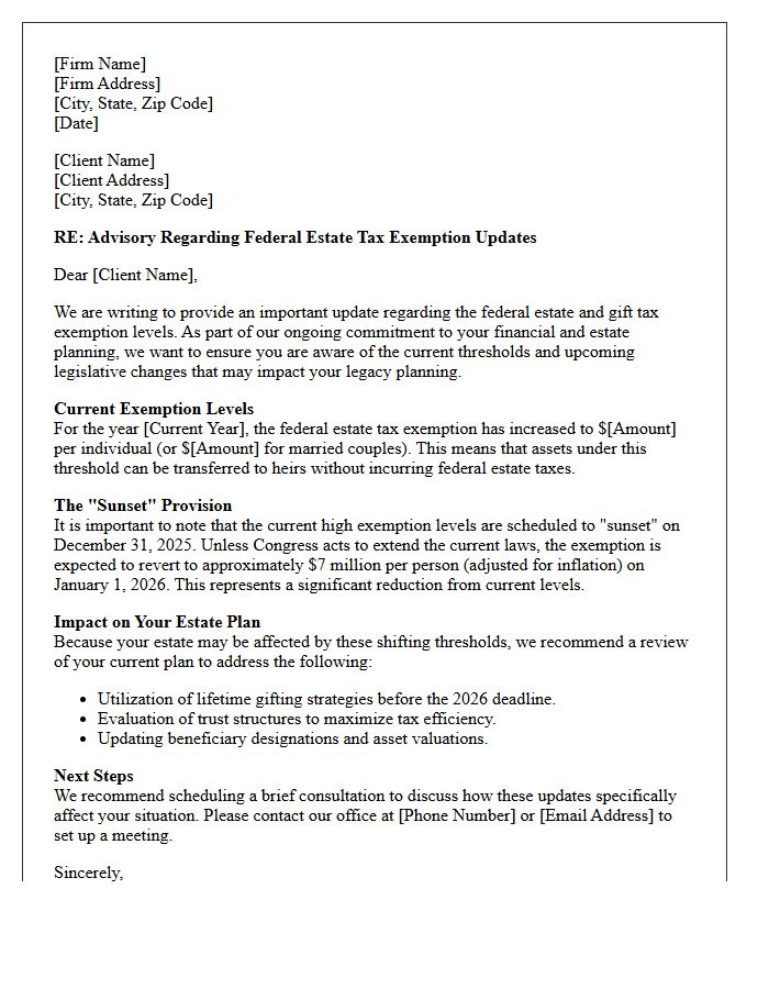 Federal Estate Tax Exemption Update Advisory Letter