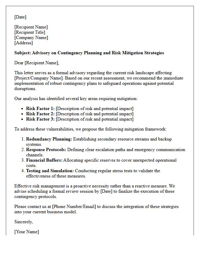 Contingency Planning and Risk Mitigation Advisory Letter