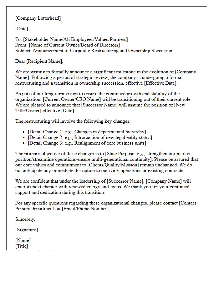 Corporate Restructuring and Ownership Succession Letter