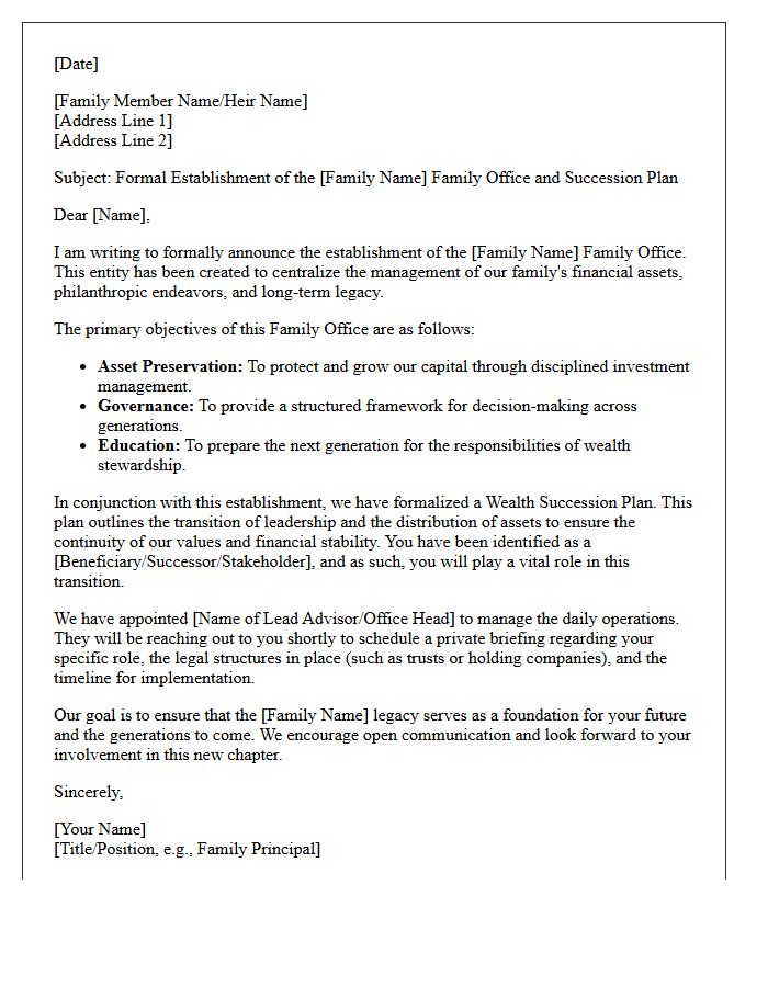 Family Office Establishment and Wealth Succession Letter