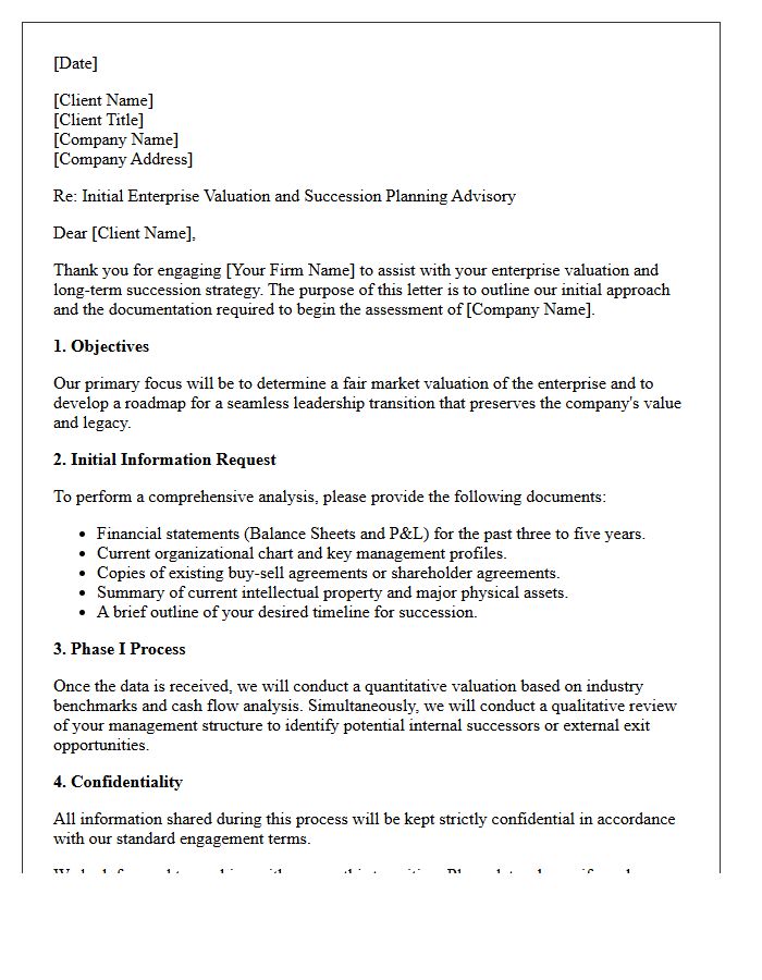Initial Enterprise Valuation and Succession Advisory Letter
