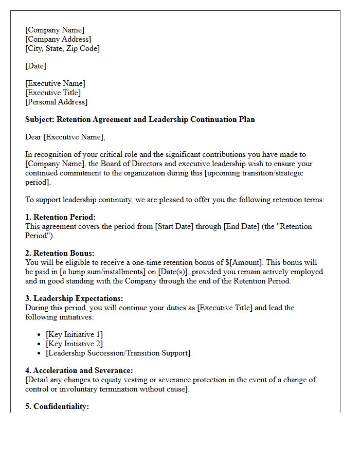 Key Executive Retention and Leadership Continuation Letter