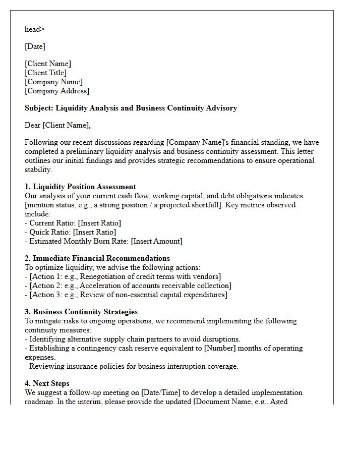 Liquidity Analysis and Business Continuity Advisory Letter