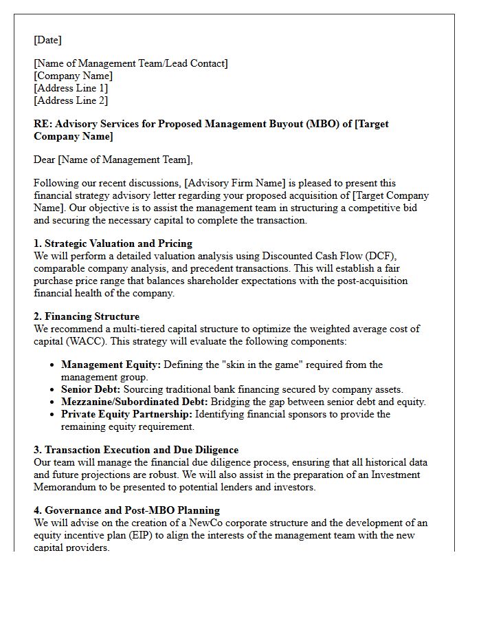 Management Buyout Financial Strategy Advisory Letter