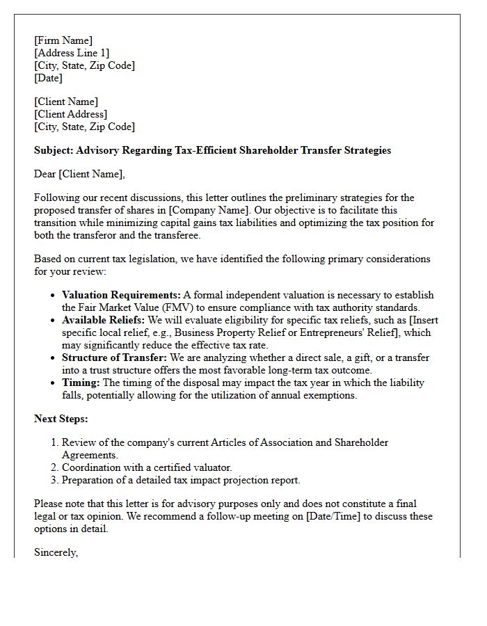 Tax-Efficient Shareholder Transfer Advisory Letter