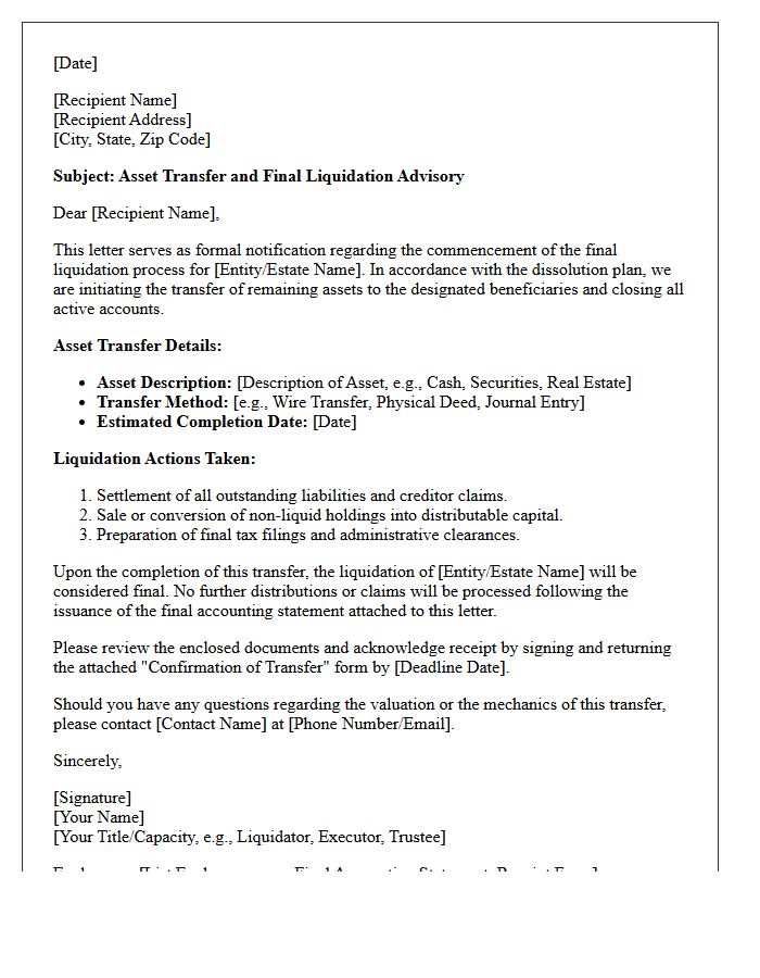 Asset Transfer and Final Liquidation Advisory Letter