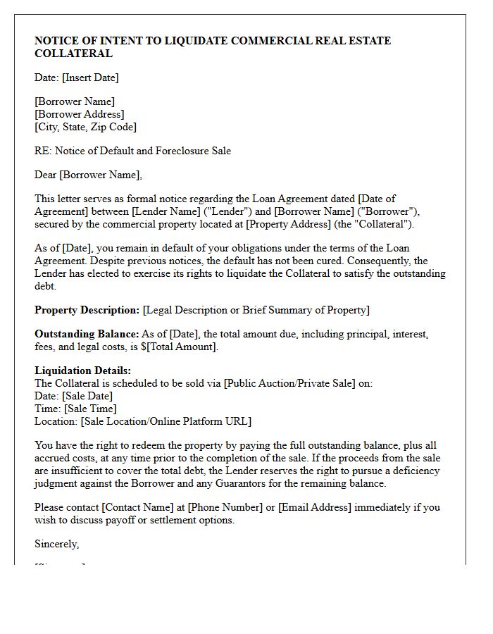 Commercial Real Estate Collateral Liquidation Letter