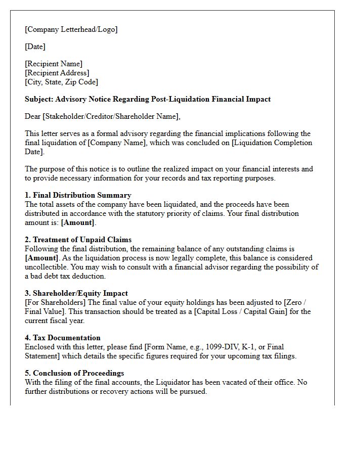 Post-Liquidation Financial Impact Advisory Letter