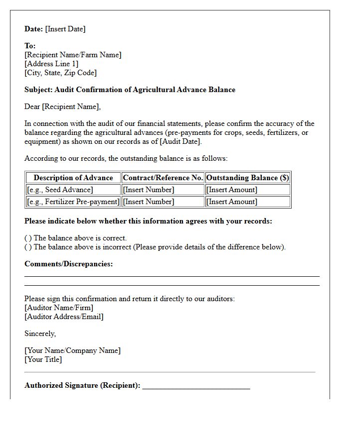 Agricultural Advance Balance Audit Confirmation Letter