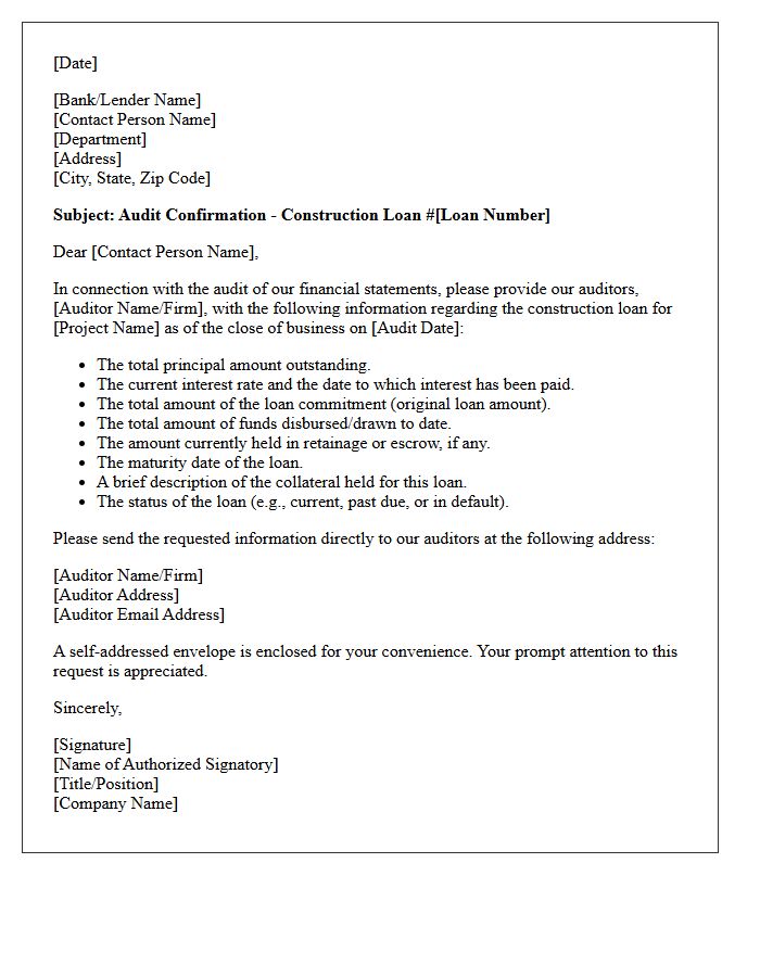 Construction Project Loan Audit Confirmation Letter