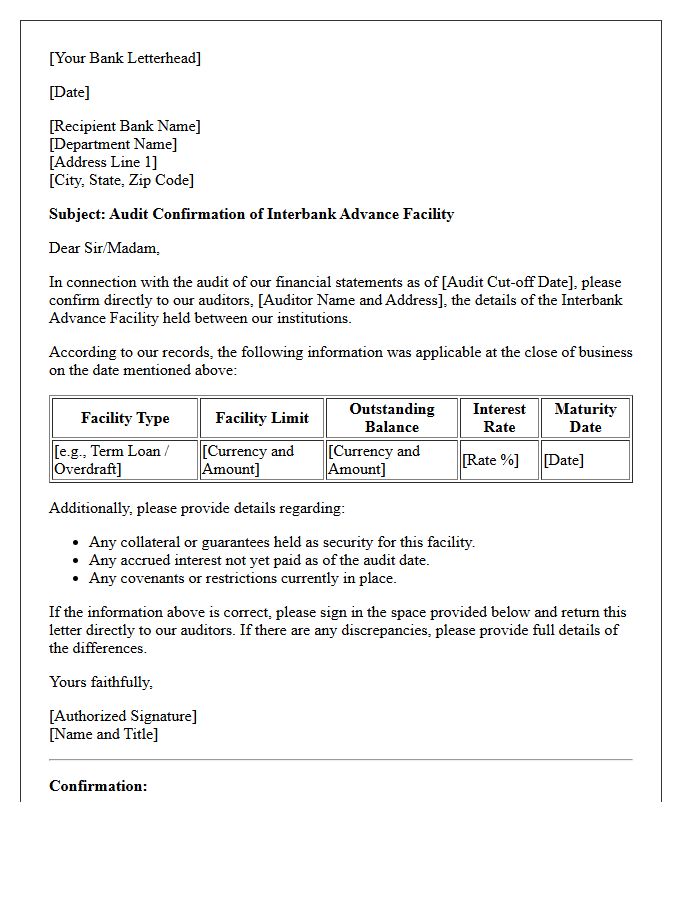 Interbank Advance Facility Audit Confirmation Letter