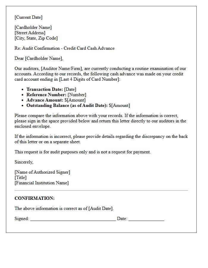 Personal Credit Card Advance Audit Confirmation Letter