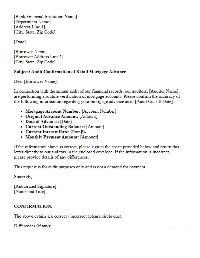 Retail Mortgage Advance Audit Confirmation Letter