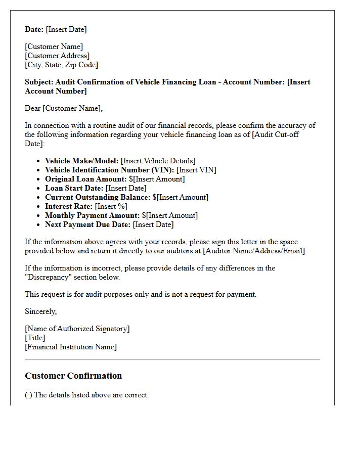 Vehicle Financing Loan Audit Confirmation Letter