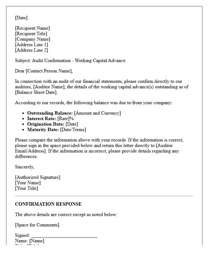 Working Capital Advance Audit Confirmation Letter
