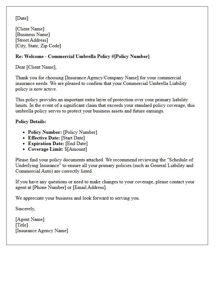 Commercial Umbrella Policy Welcome Letter