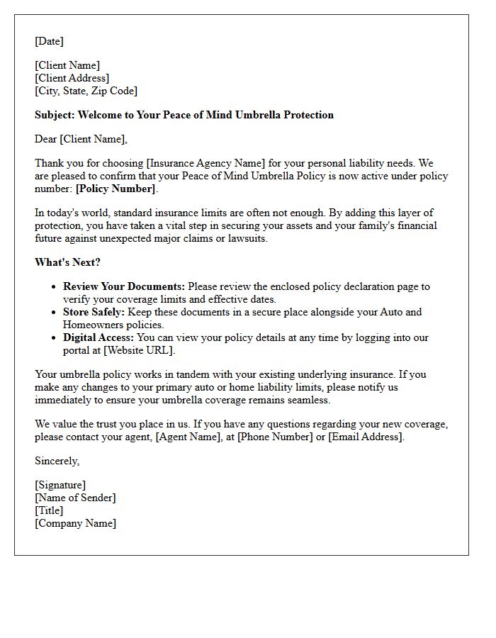 Peace of Mind Umbrella Policy Welcome Letter