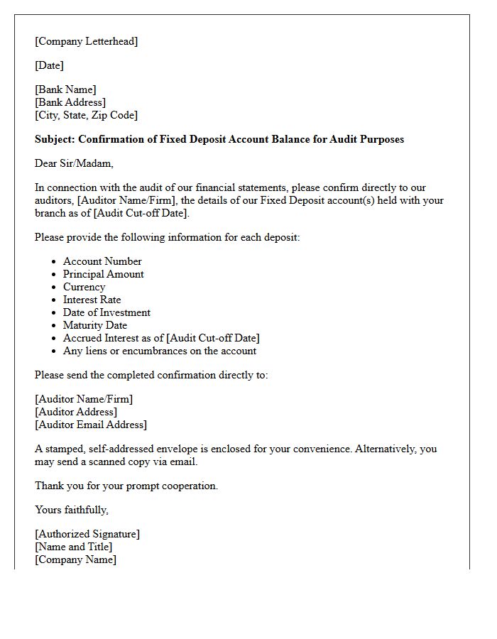 Fixed Deposit Account Balance Audit Confirmation Letter