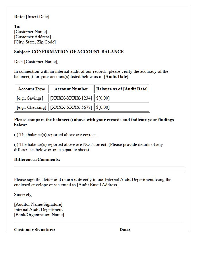 Internal Audit Deposit Account Balance Confirmation Letter