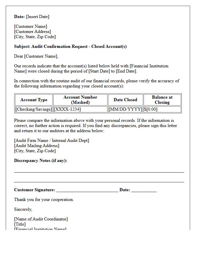 Checking And Savings Closed Account Audit Confirmation Letter