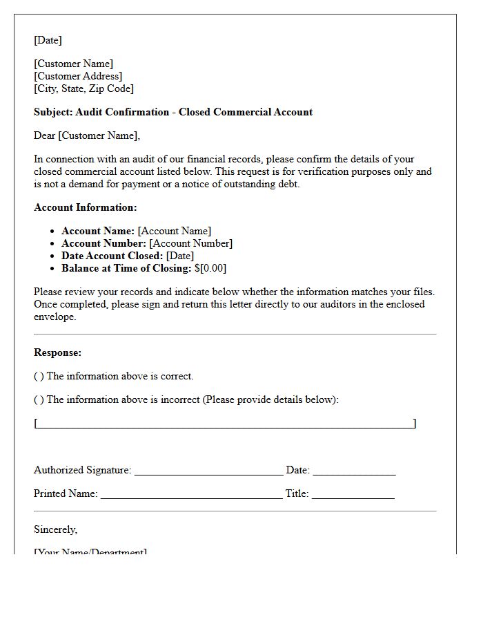 Commercial Closed Account Audit Confirmation Letter