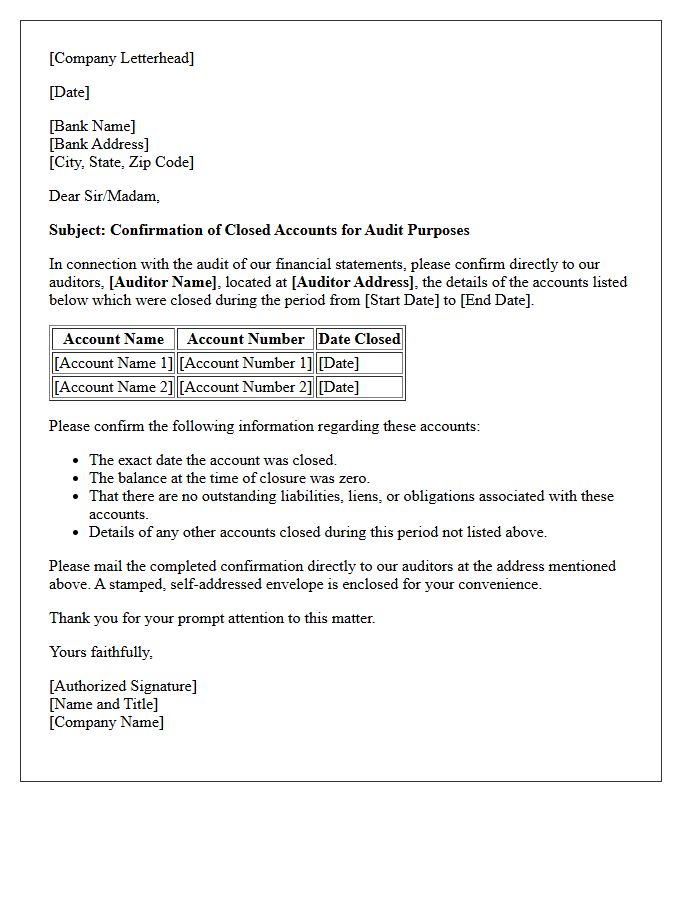 External Auditor Closed Account Confirmation Letter